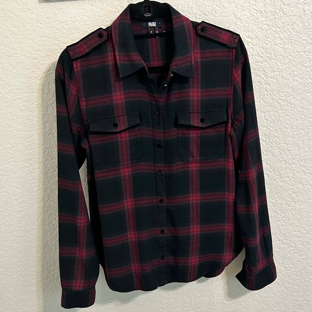 PAIGE Womens Plaid Button Down Top with Velvet Details Size S